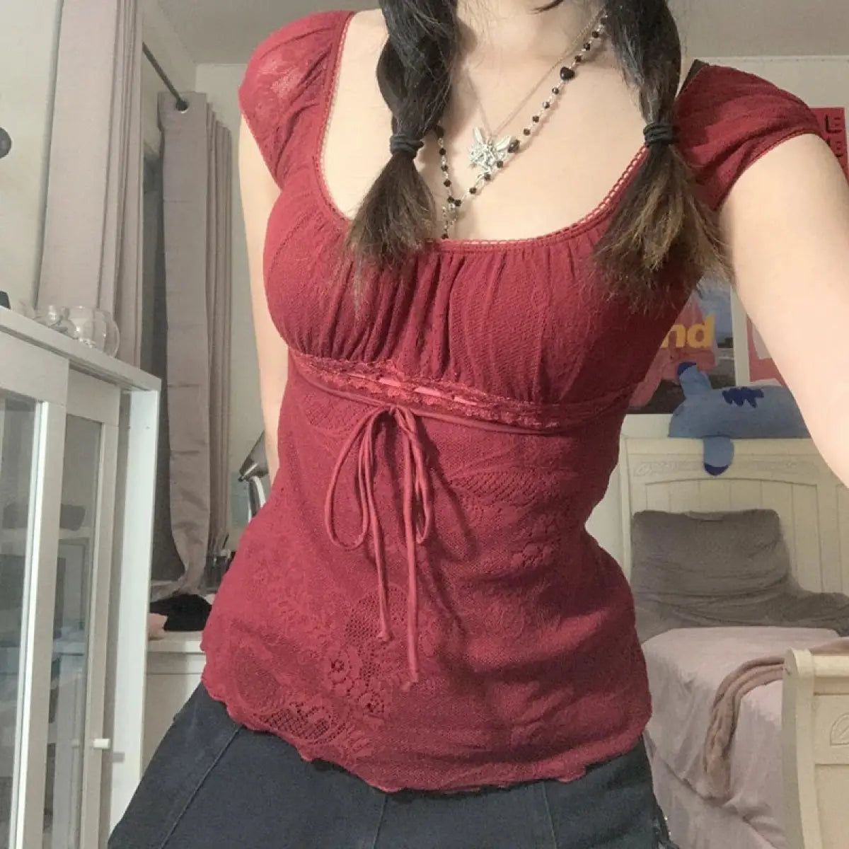 Red Square Collar Crop Top - Y2K Vintage Fairy Grunge Tee From Kawaii Stop