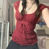 Red Square Collar Crop Top - Y2K Vintage Fairy Grunge Tee From Kawaii Stop