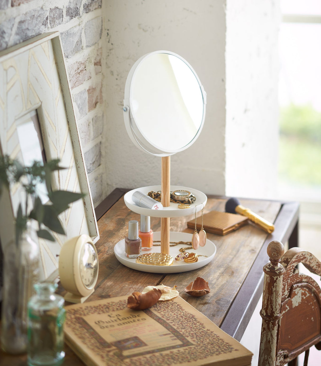Two-Tier Jewelry Tray With Mirror - Steel + Wood from Yamazaki Home