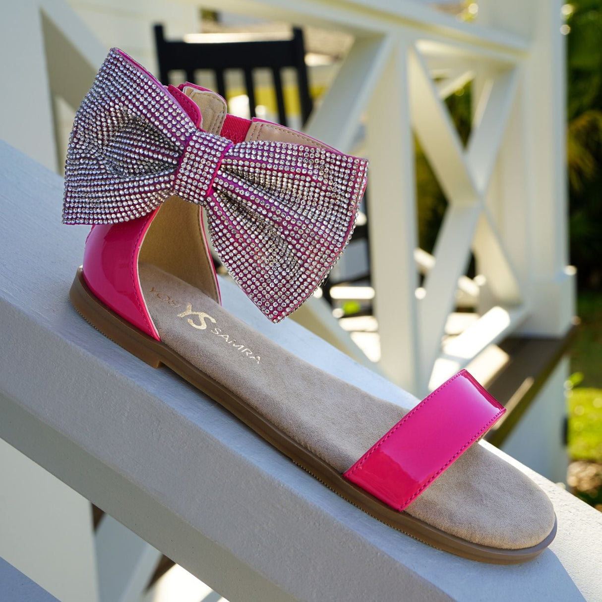 Miss Cambelle Crystal Bow Sandal in Hot Pink Patent - Kids From Yosi Samra
