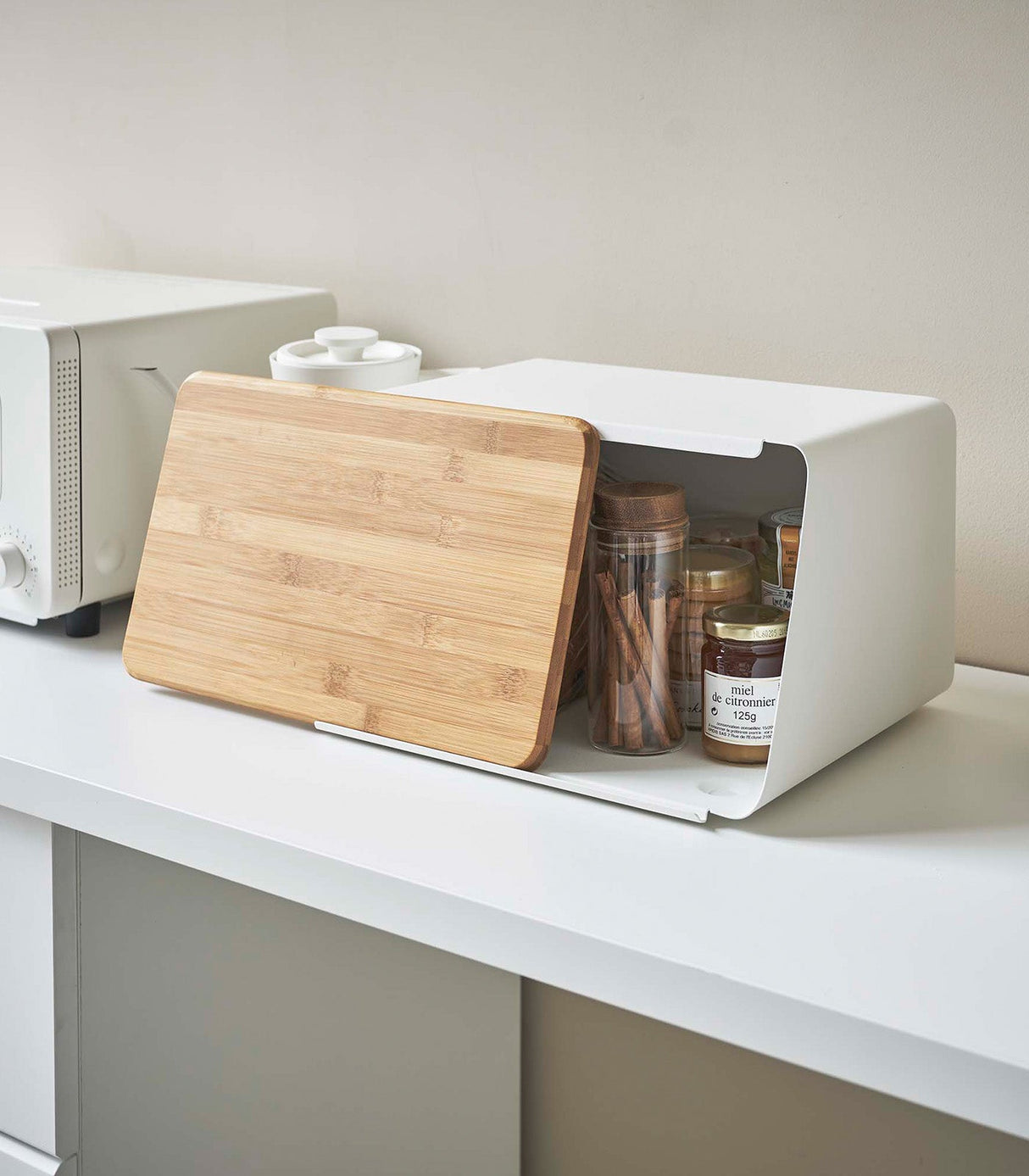 Bread Box with Cutting Board Lid - Steel + Wood from Yamazaki Home
