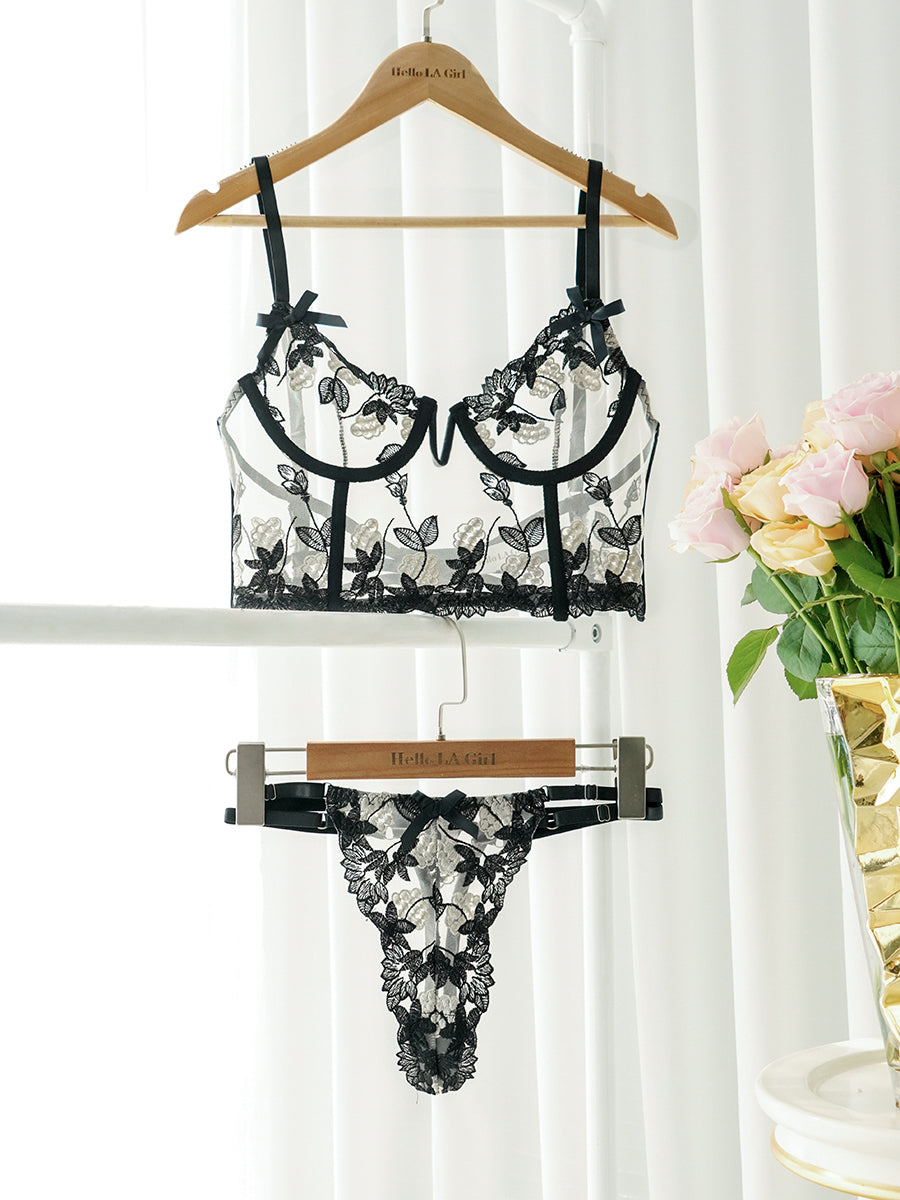 Black Floral Embroidery Bustier Straps Lingerie Set From Hello.LA.Girl
