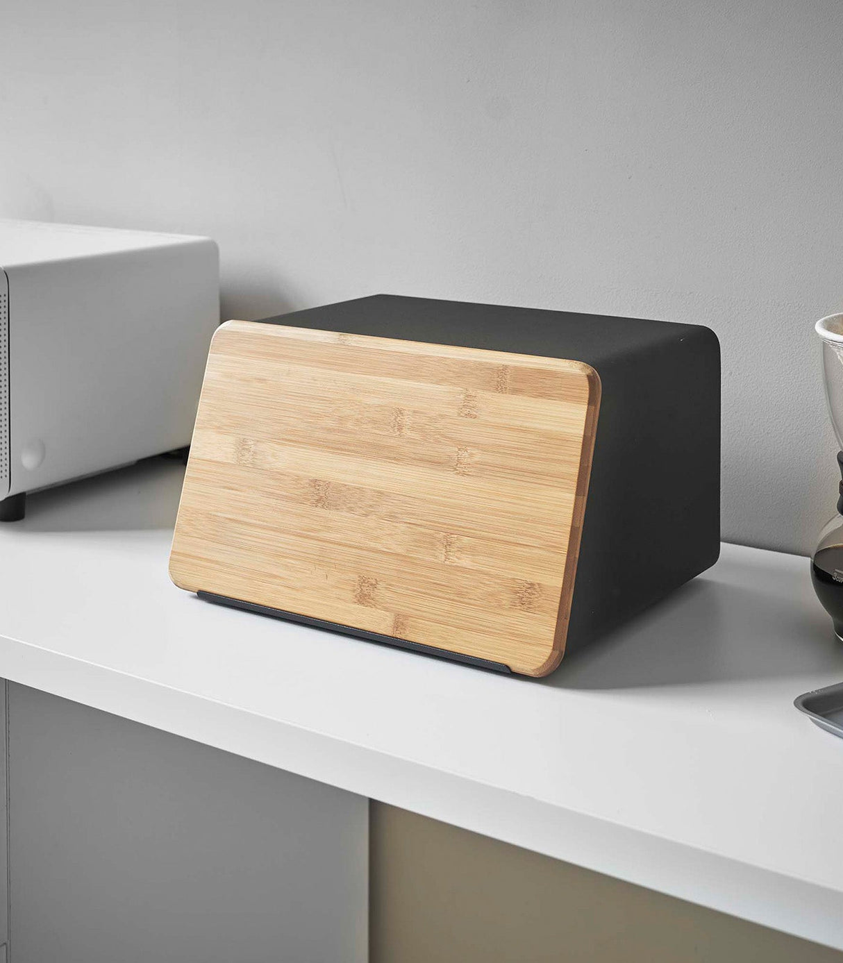 Bread Box with Cutting Board Lid - Steel + Wood from Yamazaki Home